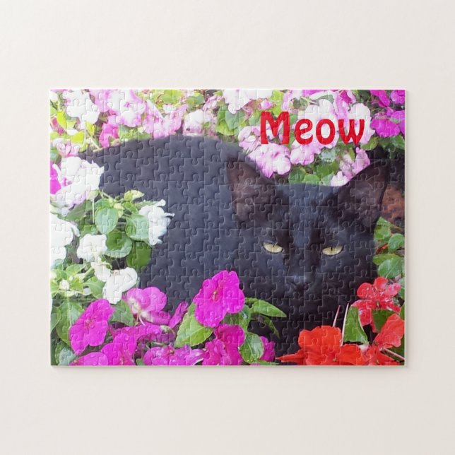Beautiful Black Cat with Green Eyes in Flowers Jigsaw Puzzle (Horizontal)