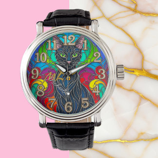 Beautiful Black Cat with Jingle Bell, Art Mosaic Watch