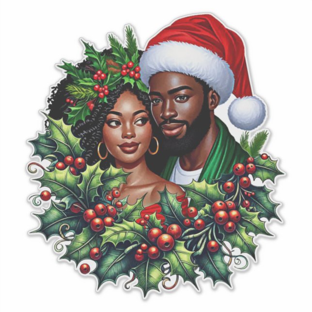 Beautiful Black couple Holly christmas wreath art (Front)