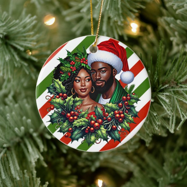 Beautiful Black couple Holly christmas wreath art Ceramic Tree Decoration (Tree)