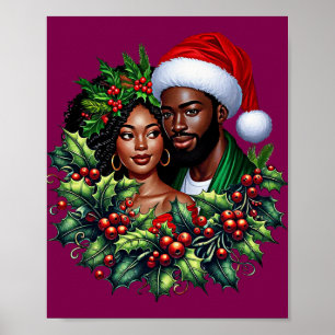Beautiful Black couple Holly christmas wreath art Poster