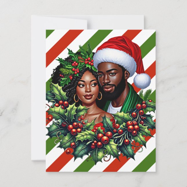 Beautiful Black couple Holly christmas wreath art Thank You Card (Front)