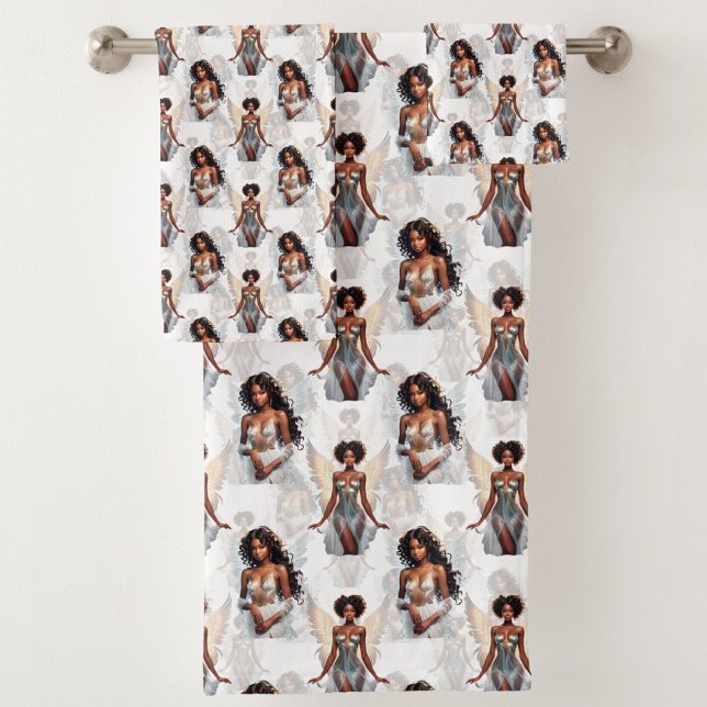 Beautiful Black Girl Angels Pattern Design  Bath Towel Set (Creator Uploaded)