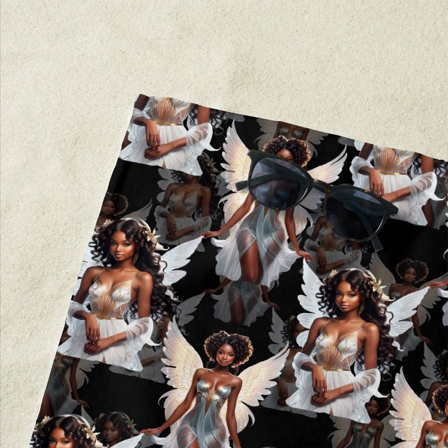 Beautiful Black Girl Angels Pattern Design -Dark Beach Towel (Creator Uploaded)