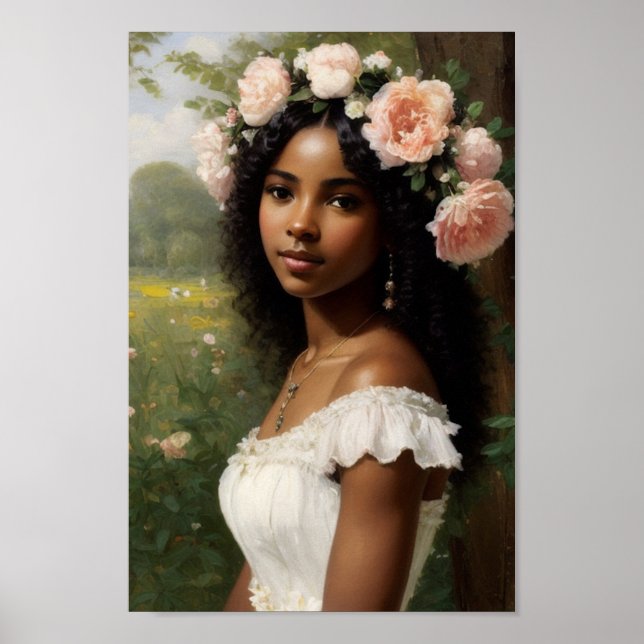 Beautiful Black Girl Portrait Bloomcore Art Poster (Front)