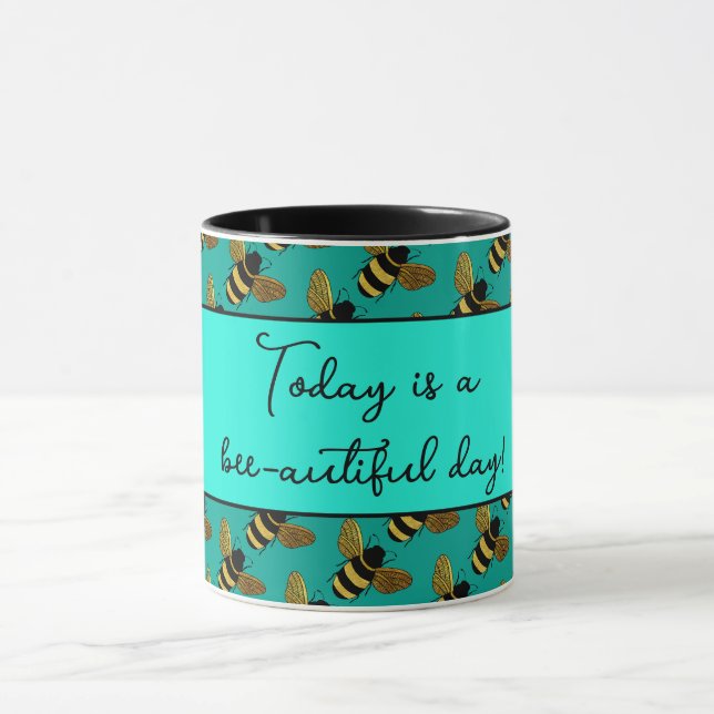 BEAUTIFUL BLACK GOLD BUMBLEBEE HAPPY BEE TEXT  MUG (Center)