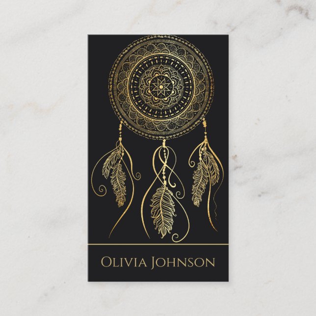 Beautiful Black Gold Dream Catcher Mandala Business Card (Front)