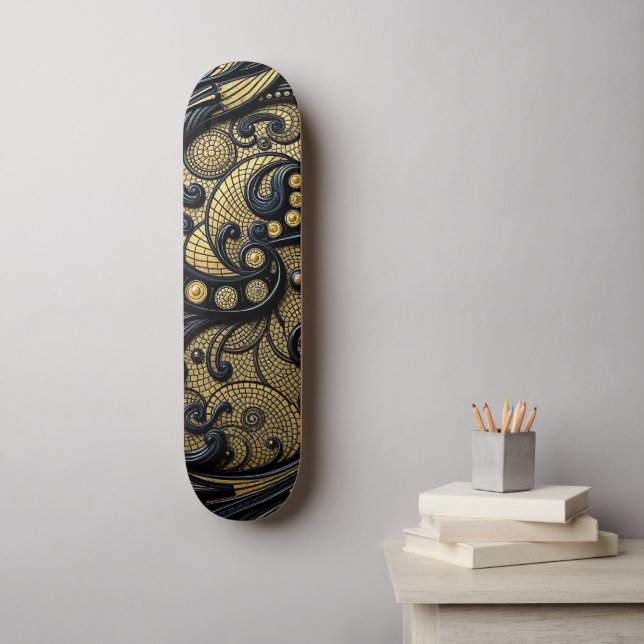 Beautiful Black & Gold Floral and Beads Abstract Skateboard (Wall Art)