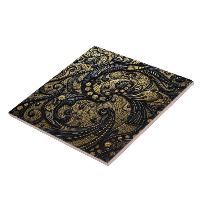 Beautiful Black & Gold Floral and Beads Abstract Tile (Side)
