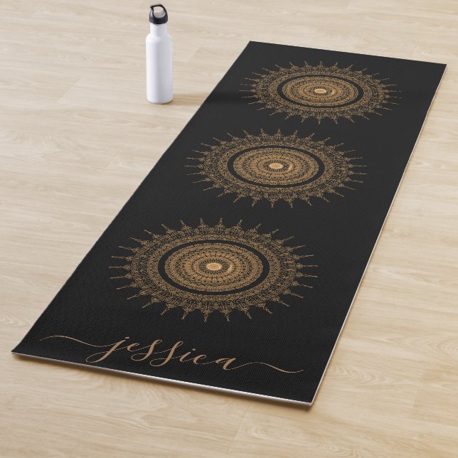 Beautiful Black Gold Mandala Custom Name Yoga Mat (In Situ)