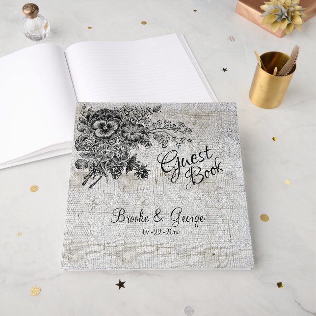 Beautiful Black & Grey Flowers Wedding  Guest Book (Front Open)