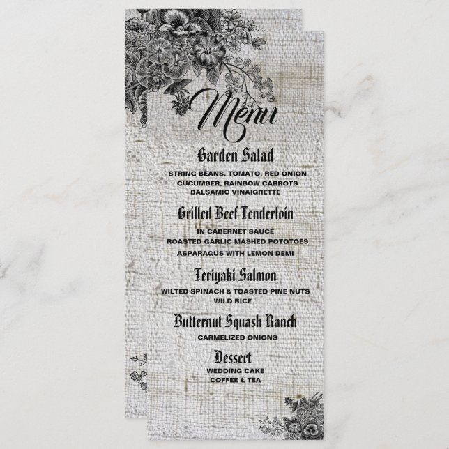 Beautiful Black/Grey Flowers Wedding Menu Card (Front/Back)