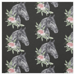 Beautiful Black Horse Head Portrait Watercolor Fabric