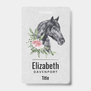 Beautiful Black Horse Head Portrait Watercolor ID Badge