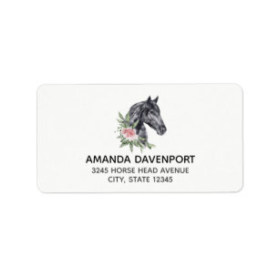 Beautiful Black Horse Head Portrait Watercolor Label