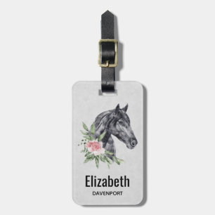 Beautiful Black Horse Head Portrait Watercolor Luggage Tag
