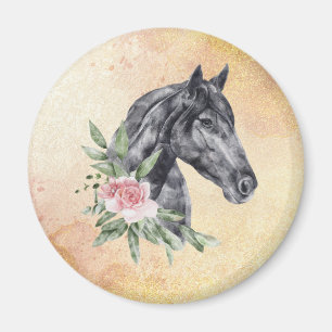 Beautiful Black Horse Head Portrait Watercolor Magnet