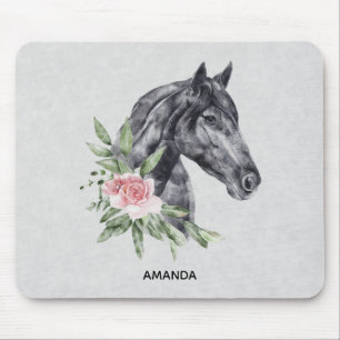 Beautiful Black Horse Head Portrait Watercolor Mouse Pad
