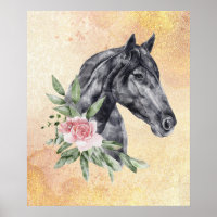 Beautiful Black Horse Head Portrait Watercolor