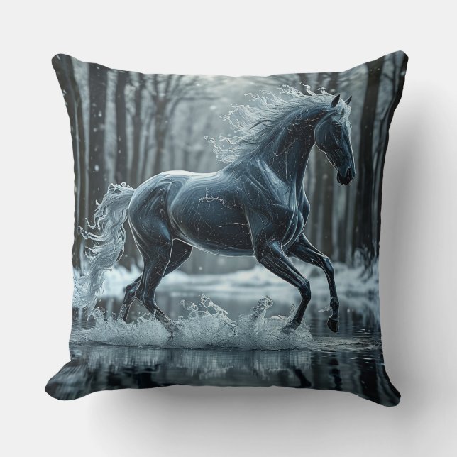 Beautiful Black Horse Running Through Water Cushion (Front)