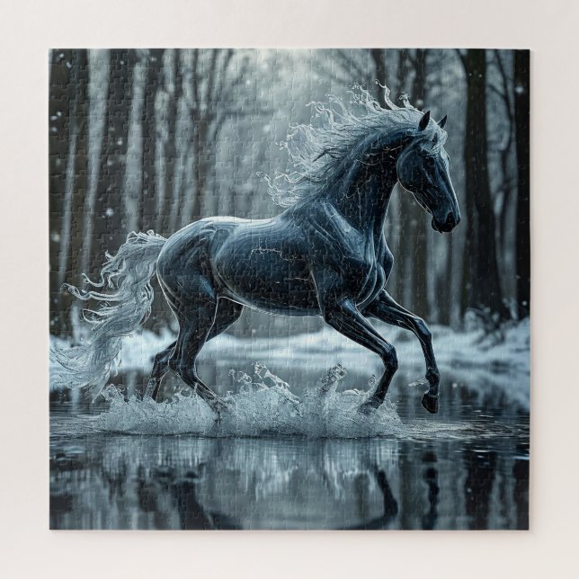 Beautiful Black Horse Running Through Water Jigsaw Puzzle (Vertical)