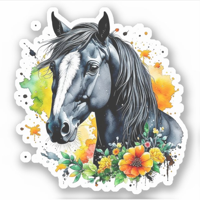 Beautiful Black Horse Surrounded by Yellow Flowers (Front)