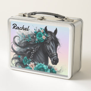 Beautiful Black Horse with Teal Flowers Metal Lunch Box