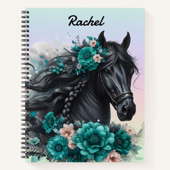 Beautiful Black Horse with Teal Flowers Notebook (Front)