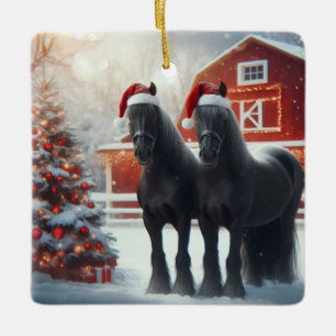 Beautiful Black Horses, Christmas Tree and Barn Ceramic Ornament