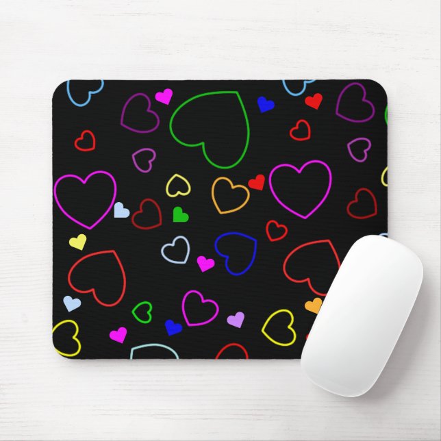 Beautiful black mousepad with colourful hearts (With Mouse)