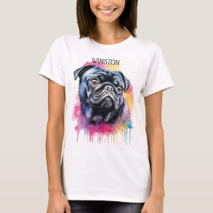 BEAUTIFUL BLACK PUG DOG FACE WITH RAINBOW BACKGROU T-Shirt