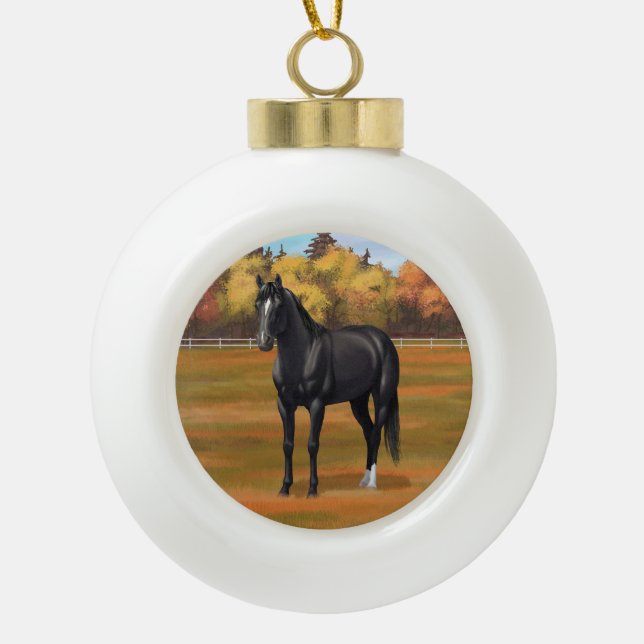 Beautiful Black Quarter Horse Stallion Ceramic Ball Christmas Ornament (Front)