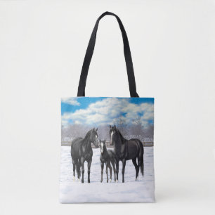 Beautiful Black Quarter Horses In Snow Tote Bag