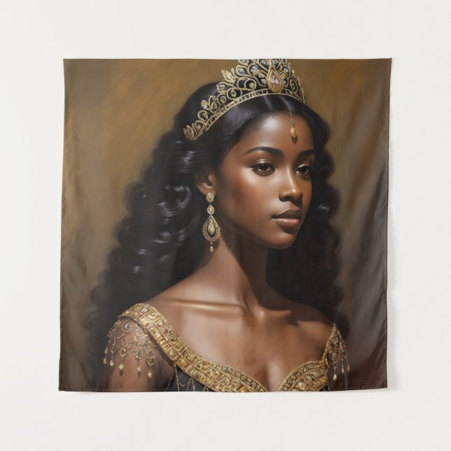 Beautiful Black Queen Gold Crown Tapestry (Front)