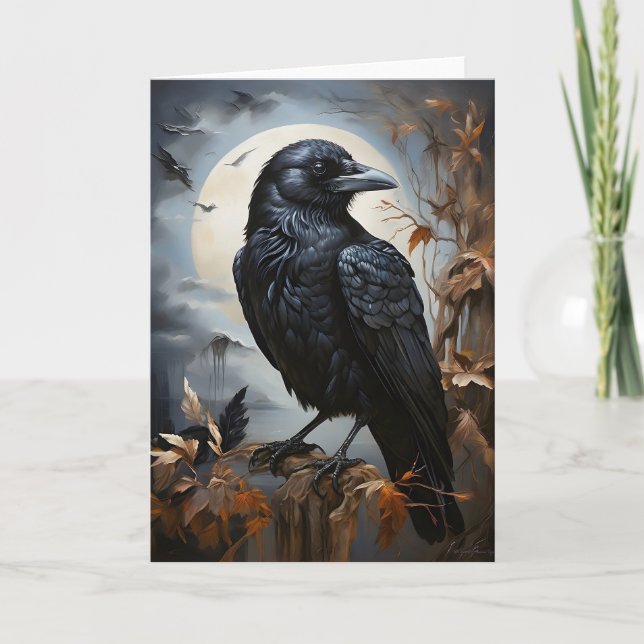 Beautiful Black Raven Portrait Trees Moon Blank Card (Front)