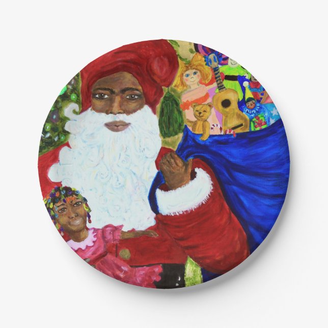 Beautiful Black Santa Paper Christmas Party Plates (Front)