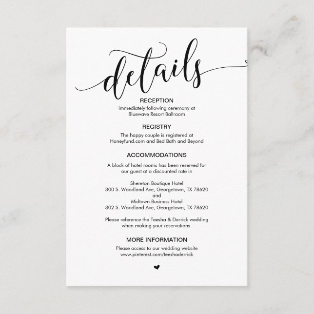 Beautiful, Black Script, Our Wedding Details Enclosure Card (Front)
