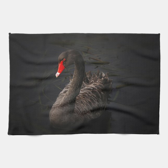 Beautiful Black Swan with a Bright Red Beak Tea Towel (Horizontal)