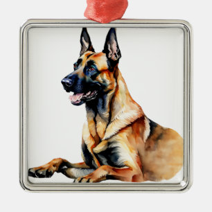 BEAUTIFUL BLACK & TAN BELGIAN MALINOIS DOG METAL TREE DECORATION