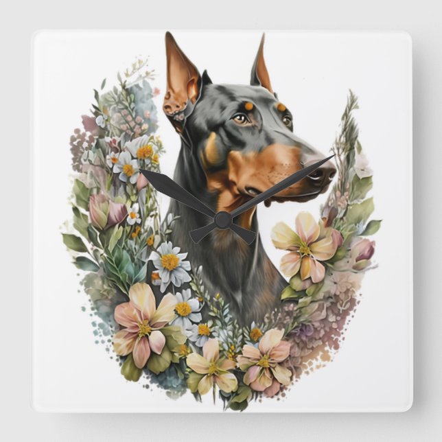 BEAUTIFUL BLACK & TAN DOBERMAN PINSCHER DOG SQUARE WALL CLOCK (Front)