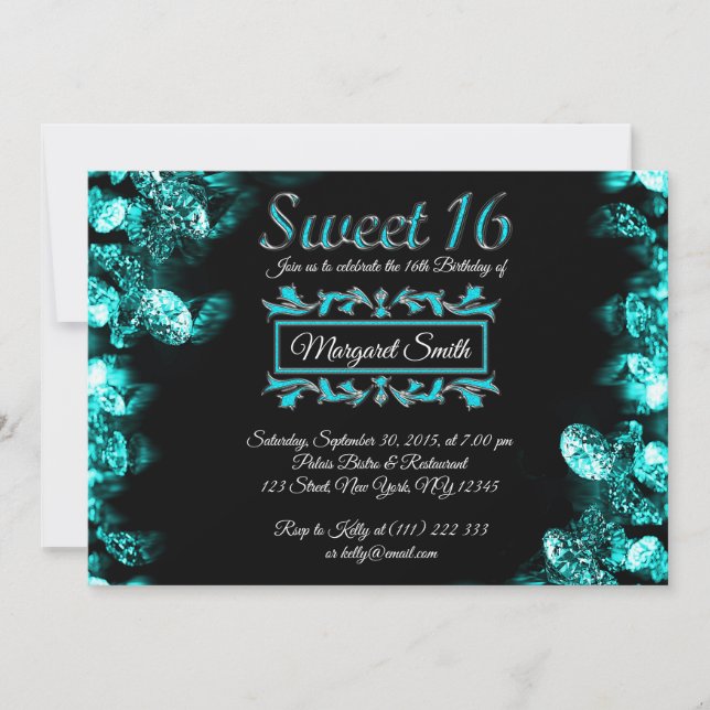 Beautiful Black Turquoise Diamonds Sweet 16 Invite (Front)
