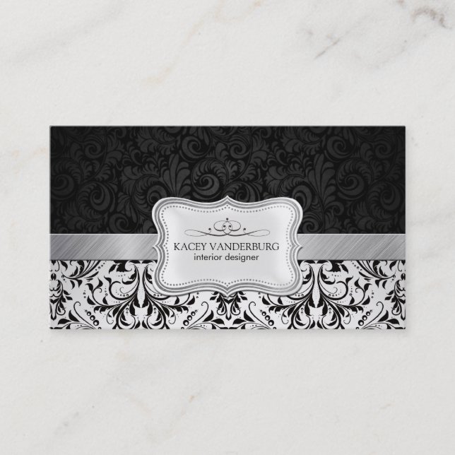 Beautiful Black & White Damask Interior Design Business Card (Front)