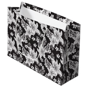 Beautiful black white flower pattern large gift bag