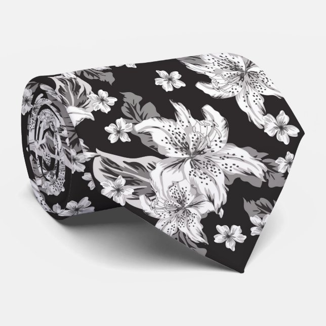 Beautiful black white flower pattern tie (Rolled)