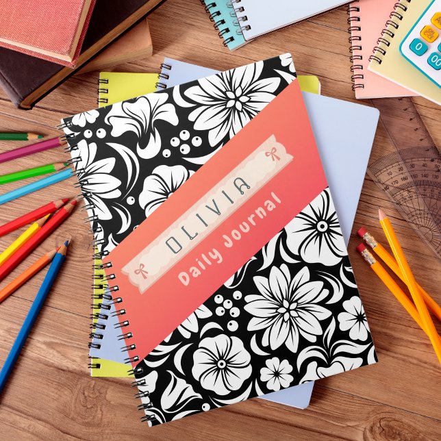 Beautiful Black & White Orange Custom Name Daily Notebook (Creator Uploaded)
