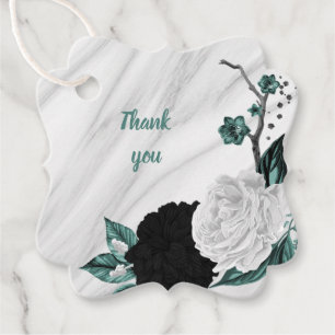 Beautiful black white teal flowers marble favour tags