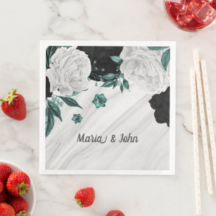 Beautiful black white teal flowers marble napkin