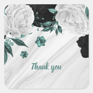 Beautiful black white teal flowers marble square sticker