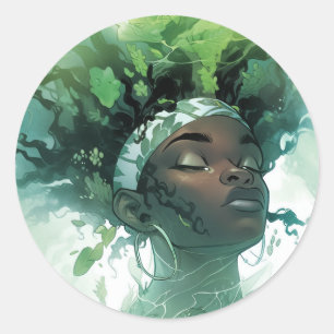 Beautiful Black Woman Floating in Water w/ Plants Classic Round Sticker