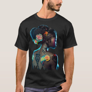 Beautiful Black Woman Fun Tattoos Flowers African  T-Shirt